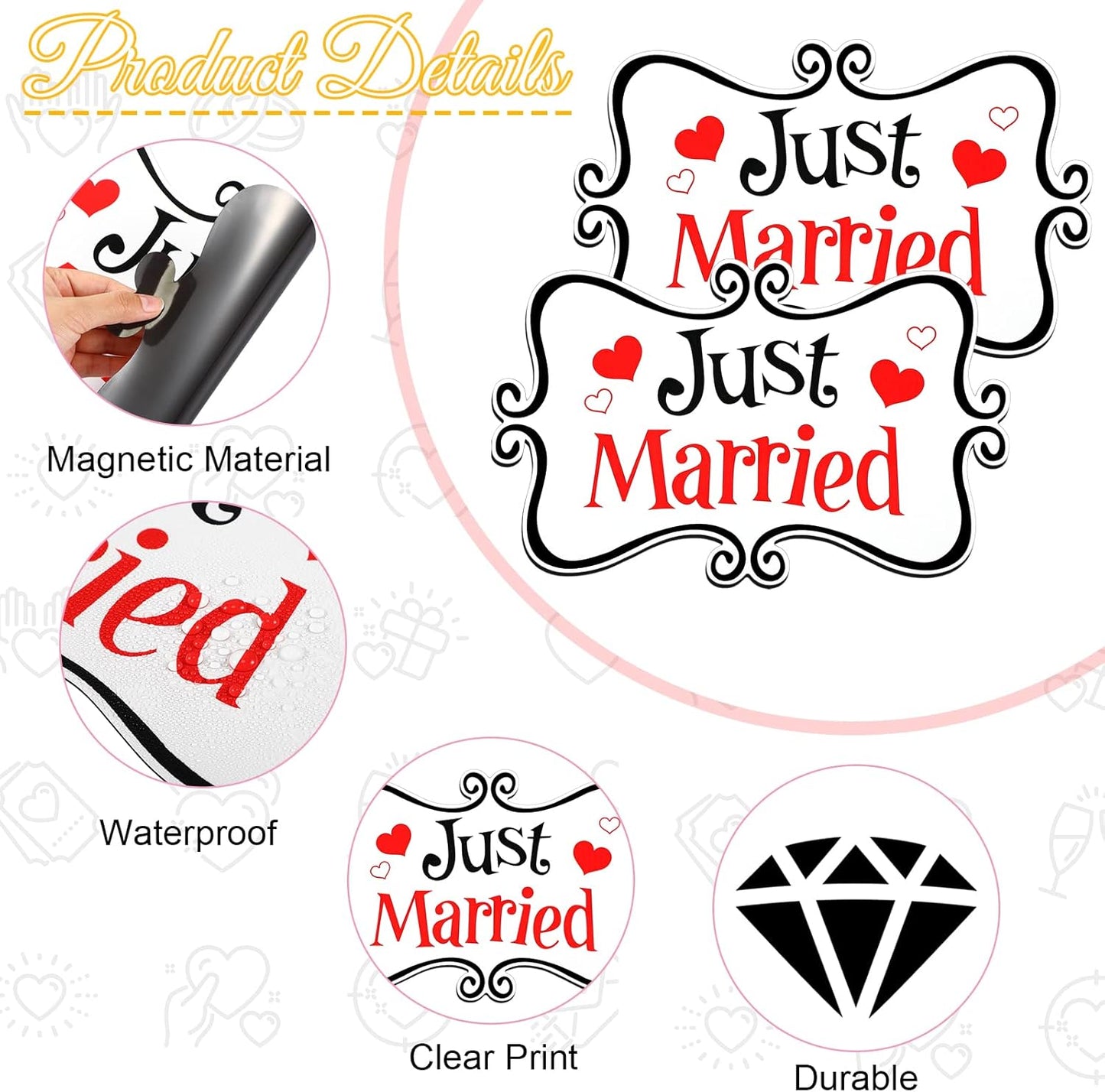 2 Pcs Large Just Married Car Decorations Just Married Car Magnets Sign Decoration 13.9 x 8.8 Inch Honeymoon Rear Tailgate Magnet Stickers for Wedding Door Panel Refrigerator(Black and Red)