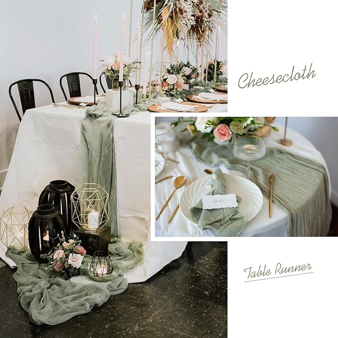 Showgeous 10 Pack Sage Green Cheesecloth Table Runner, 10FT Long Semi-Sheer Boho or Rustic Gauze Table Runner Wedding Table Decor for Wedding Arch Draping Bridal Shower Holiday Party St Patricks Day