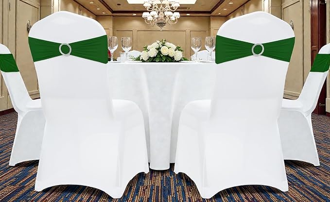 VDS - Green | Spandex Chair Sashes Bows | 75 PCS | Stretch Elastic Banquet Universal Folding Chair Band Tie with Silver Buckle Slider for Wedding Party Conference Celebration Event Decoration
