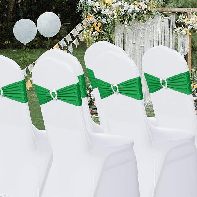 Howhic Pack of 30 Spandex Chair Sashes Bows Stretch Chair Cover Band with Buckle Slider Universal Elastic Chair Ties for Wedding Banquet Party Event Decoration (Emerald)