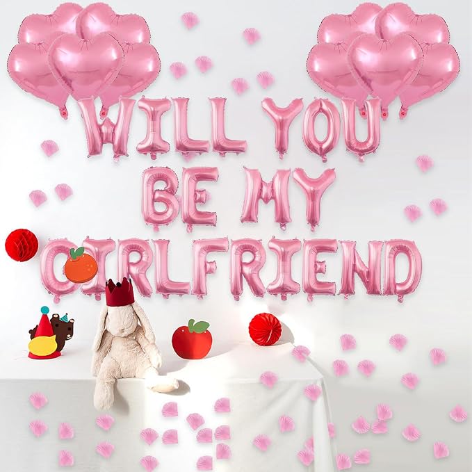 2 Set Pink Will You Be My Girlfriend Balloons - 42pcs 16" Letter Balloons 1200pcs Pink Artificial Rose Petals 10pcs 18" Heart Balloon Alphabet Foil Mylar Balloon for Valentines Day Decorations