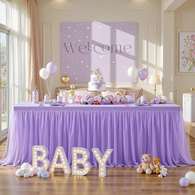 Lavender Table Cloth for 6 Foot Rectangle Tables, Stretch Fitted Tulle Table Covers Skirt, Rectangular Ruffle Tutu Tablecloth Wedding Banquet Baby Shower Cake Tablecloths Decorations