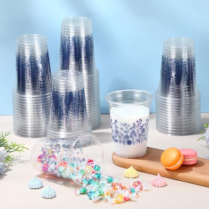 Hushee Blue Garden Floral 60 Pcs Party Cups 16 oz Plastic Disposable Drinking Cups for Birthday Love Baby in Bloom Baby Shower Summer Fresh off The Market Bridal Shower Decorations Supplies