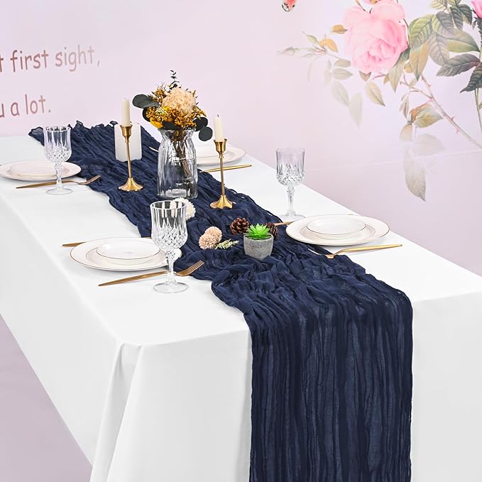 16 Pack Navy Blue Cheesecloth Table Runner 120 Inch 10FT Spring Boho Rustic Sheer Gauze Cheese Cloth Table Runner for Wedding Baby Shower Birthday Party Table Decor