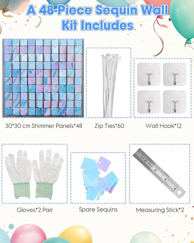 48 Pcs Iridescent Blue Shimmer Wall Backdrop Panels for Party, Mjkeomo Iridescent Blue Sequin Backdrop for Birthday Graduation Home Party Decorations Anniversary Wedding Christmas Decor