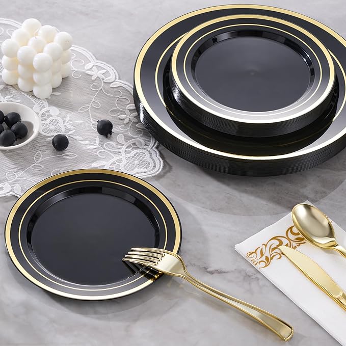 Fijinhom 175 Pcs Black Gold Disposable Plates for 25 Guests, Disposable Plastic Plates, Dinnerware Set Include 25 Dinner Plates, 25 Salad Plates,25 Cups, 25 Paper Napkins for Party, Wedding