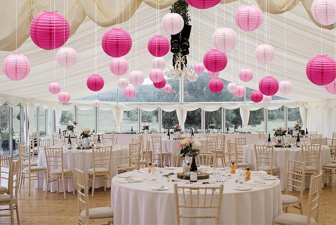 ADLKGG Pink Paper Lanterns Decorative, Hanging Round Paper Lanterns Indoor Outdoor for Valentines Day Decorations Graduation Wedding Birthday Baby Showers Tea Party Decorations, 21pcs