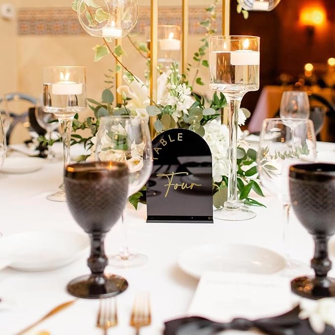 Black Arch Wedding Table Numbers 1-15 with Stands, 5x7 Inch Black Acrylic Sign with Gold Lettering, Arched Acrylic Table Numbers for Wedding Reception