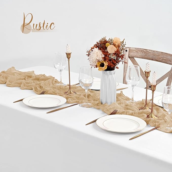 30 Pack Beige Table Runner 10Ft Cheesecloth Table Runner Boho Gauze Table Runners Romantic Long Sheer Fabric Cheese Cloth Table Runners for Wedding Party Bridal Shower