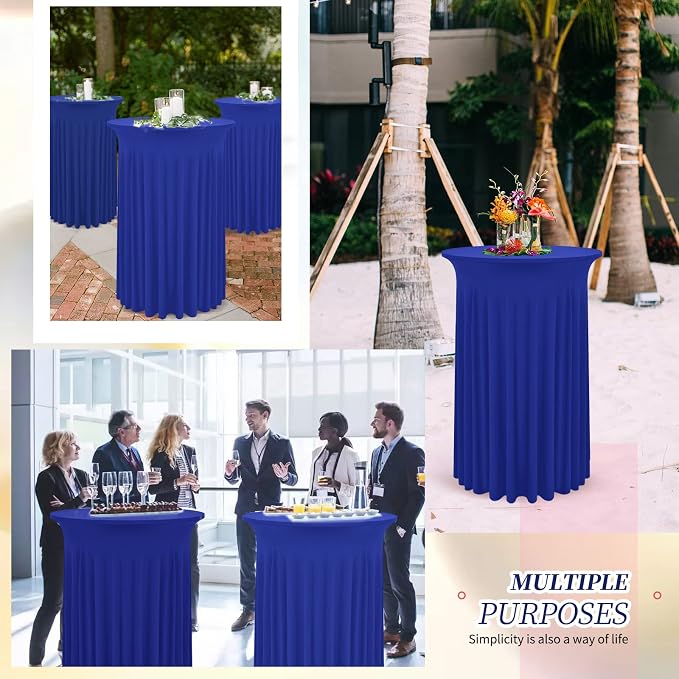 6 Packs Round Cocktail Table Skirt 32"x 43" Spandex Stretch Cocktail Tablecloth with Wavy Drapes, Royal Blue Spandex Fitted High Top Table Covers for Wedding Bar Party Birthday Banquet Tables