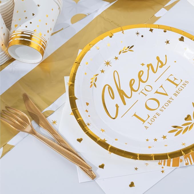 151 Counts 'Cheers to love' Gold Dinnerware and Tablecloth Set for Bridal Shower, Engagement, Wedding, Party Decorations, Elegant Tableware Set Includes Plates, Napkins, Cups, Tablecloth, Knives, Fork