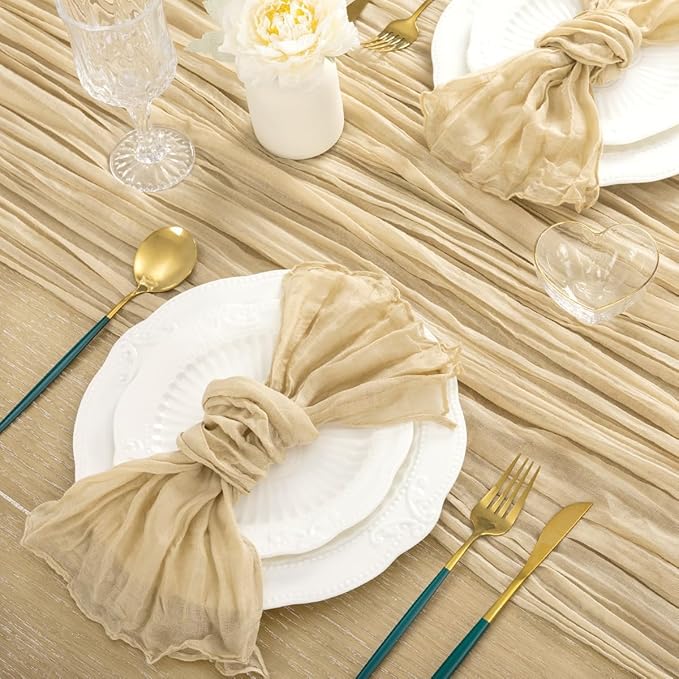 MLMC 8 Pack Champagne Table Runner 10ft Rustic Sand Cheesecloth Table Runner Bulk 35x120 Inches Neutral Gauze Cheese Cloth Centerpiece for Outdoor Wedding Bridal Shower Gathering Party Decor