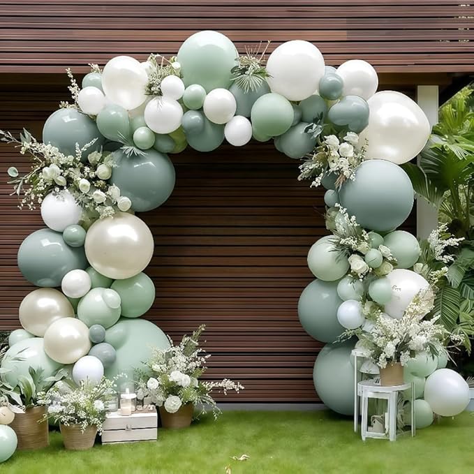 Sage Green White Balloon Garland, Double Stuffed Dusty Green Sand White Pearl Balloons Pastel Balloon Arch Kit for Baby Shower Birthday Bridal Wedding Gender Reveal Graduation Party Decorations
