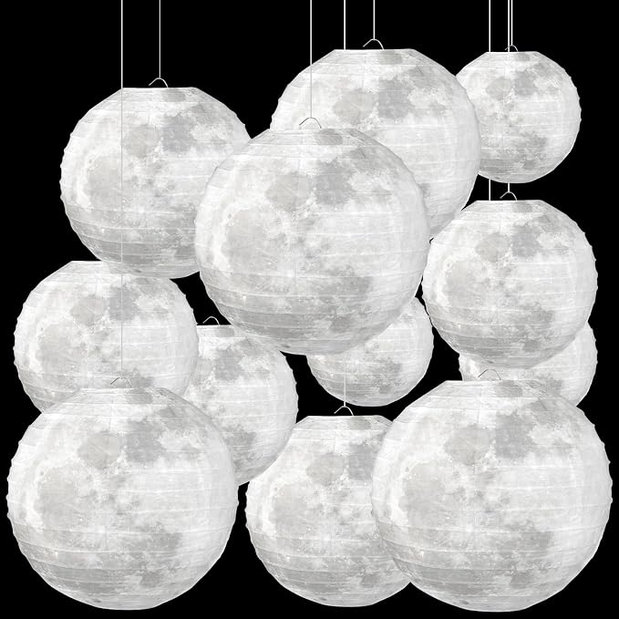 Baquler 12 Pcs 12" Back to School Moon Lanterns Classroom Ceiling Hanging Decoration Space Moon Party Birthday Decorations Decorative Grey Hanging Ball Paper Lanterns for Room Classroom Party