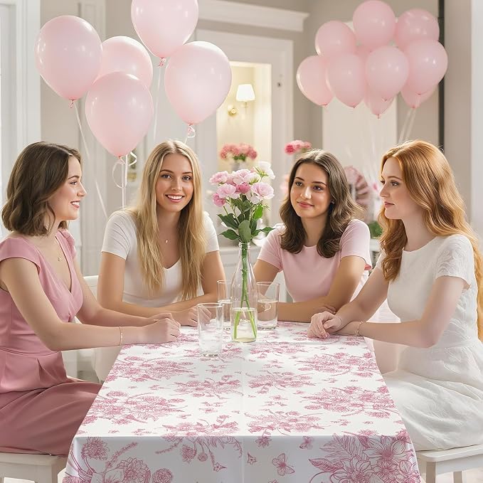6 Pack Pink Floral Plastic Tablecloths, 54 x 108 Inch Tea Party Tablecloth | PE material, waterproof surface, fits rectangular 8-10 seat tables, for tea party, wedding, birthday, baby shower