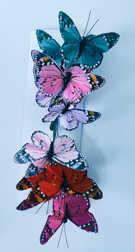 Berfutall- Feather Butterfly Decorations Set of 12 Vibrant Multi Colored Craft Butterflies on Clip .Party Spring Home Decor Floral Pics…… (A Wire)