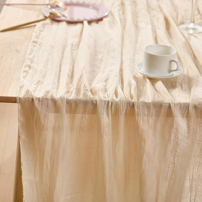 3 Pack Beige Spring Table Runner Boho Cheesecloth Table Runners Bulk 10 ft Crinkled Gauze Sheer Mother's Day Table Centerpieces for Wedding Ceremony Anniversary Bridal Baby Shower Banquet