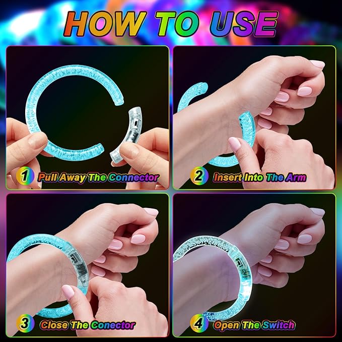 OLUPP 90 Pack Glow Bracelets, Glow in the Dark Party Supplies, 6 Color LED Light Up Bracelets for Adults & Kids Birthday Party Favors, Concert, New Year, Carnival, Raves
