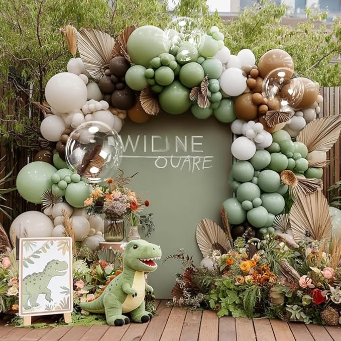 Green Brown Balloon Garland Double Stuffed Dusty Sage Green White Sand Balloons Dark Olive Tan Balloon Arch Kit for Neutral Baby Shower Birthday Bridal Wedding Woodland Safari Jungle Party Decorations