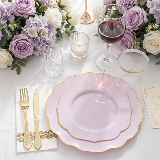 NOCCUR 175PCS Purple Plastic Plates with Gold Disposable Silverware - Include 50 Lavender and Gold Plastic Plates,25 Knives,25 Forks,25 Spoons,25 Cups and 25 Napkins - Wedding/Party/Spring