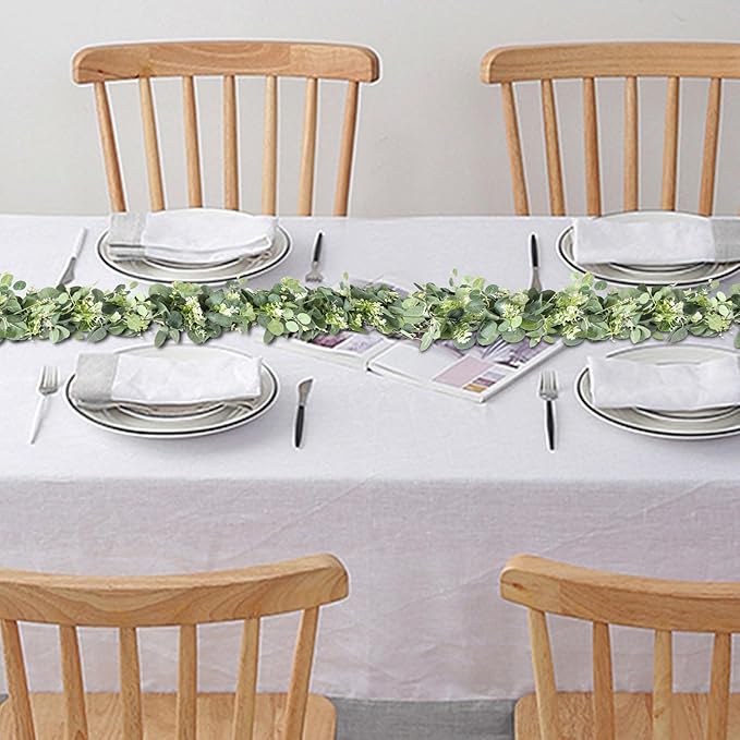 MAKHOT 5.9FT Eucalyptus Garland, Artificial Greenery Garland Flower, Green Garland Wreath Vines Decorations, Fake Silver Dollar Eucalyptus Leaves Vines for Table Home Wedding Mantle Party Decor