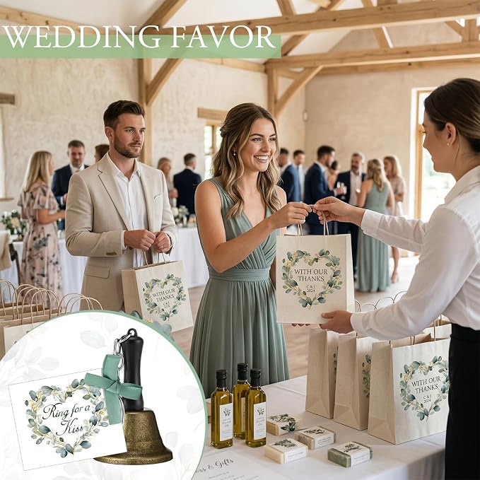 Lounsweer 36 Set Eucalyptus Wedding Bells Bulk Ring for a Kiss with Tags Sage Green Ribbon Kissing Bells for Wedding Reception Decorations Goodies Bags Party Supplies