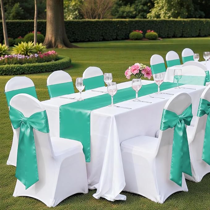 MDS Satin Chair Sashes, 50 Pack, 7”x108” Each, Decorative Chair Bows Ribbon Tie Backs for Wedding Party, Holiday Dinner, Birthday, Reception, Banquet, Hotel & Event Decoration - Sea Green