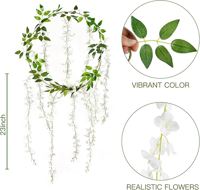 Sggvecsy 6Pcs Wisteria Garland Artificial Flowers Garland Fake Hanging Wisteria Vines Rattan Silk Hanging Flower Vines for Home Garden Outdoor Wedding Arch Party Ceremony Total 35.4Ft (White)