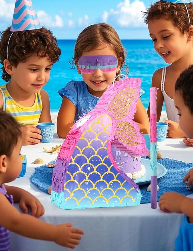 Mermaid Pinatas for Girl, Under the Sea Piñata de Sirena with Wood Stick & Blindfold, Ocean Theme Mermaid Fin and Tail Pinata for Birthday Party Decorations(16"*12"*3")