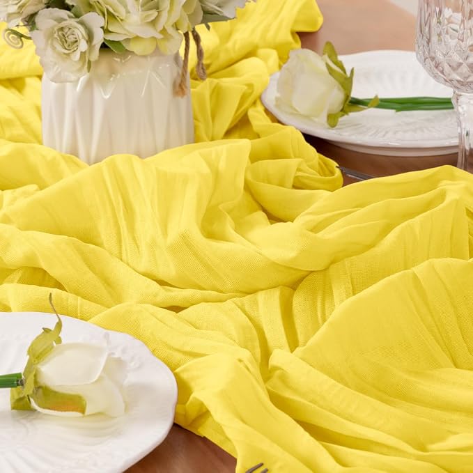LINXTAR Yellow Cheesecloth Table Runner 160 Inches 14Ft Gauze Summer Boho Table Runner for Wedding Tea Party Baby Shower Bridal Birthday Home Decoration