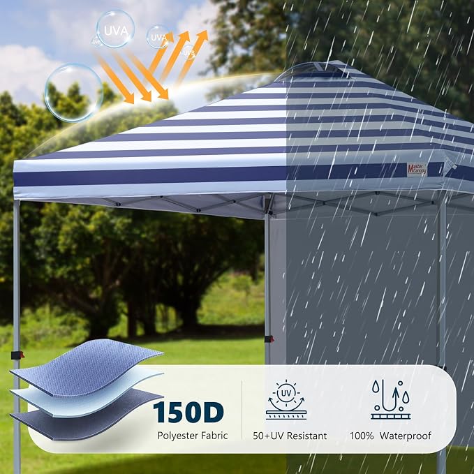 MASTERCANOPY 10x10 Pop Up Canopy Tent with 1 Sidewall, 1 Person Setup Instant Shelter, Outdoor Portable Beach Canopy, 1 Roller Bag, 4 Sandbags, 4 Ropes, 8 Stakes (10x10, Navy Blue Stripes)