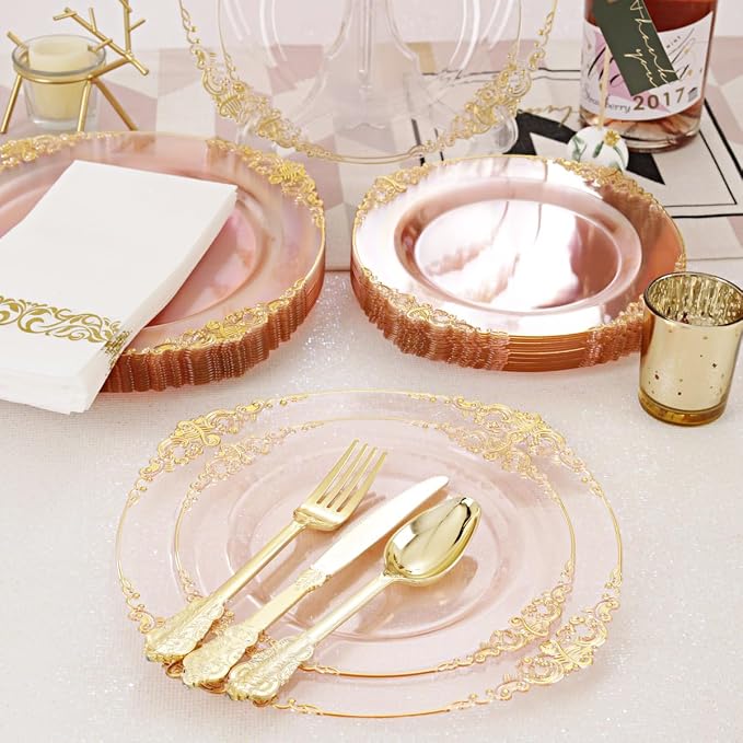 Hioasis 175pcs Pink and Gold Plates - Pink Party Plates for 25 Guest, Include 50 Heavy-duty Plates(20% Thicker Than Standard), 75 Cutlery Set, 25 Napkin, 25 Cups for Party & Easter
