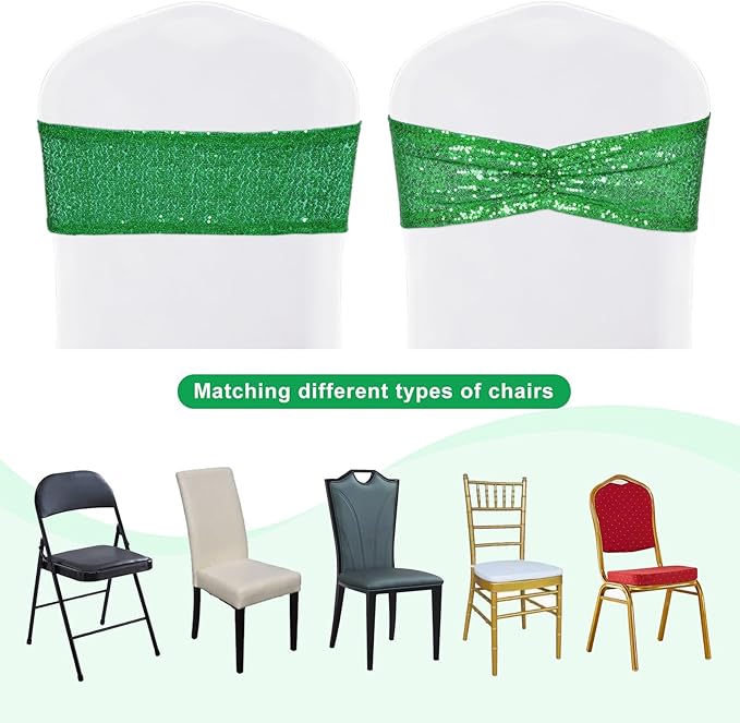 SquarePie 50 Pcs Sequin Chair Sashes Green Glitter Sequin Sashes Bands Decorative Chair Ties Bows for Wedding Party Festive Decor