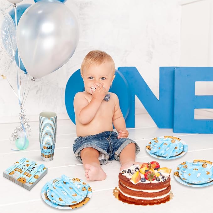 Yungyan 252 Pcs Milk and Cookies Birthday Party Tableware Set One Sweet Cookie Plates Napkins Cups Forks Knives Spoons for 1st Birthday Party Decorations Supplies 36 guests