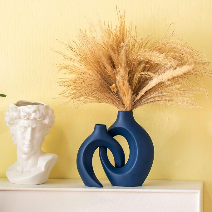 Lvases Snuggle Hollow Ceramic Flower Vase Set 2, 8.4" H Matte Navy Blue | Nordic Boho Home Decor Modern Aesthetic Ins Style Living Room Coffee Table Centerpieces Pampas Grass Decorative Display