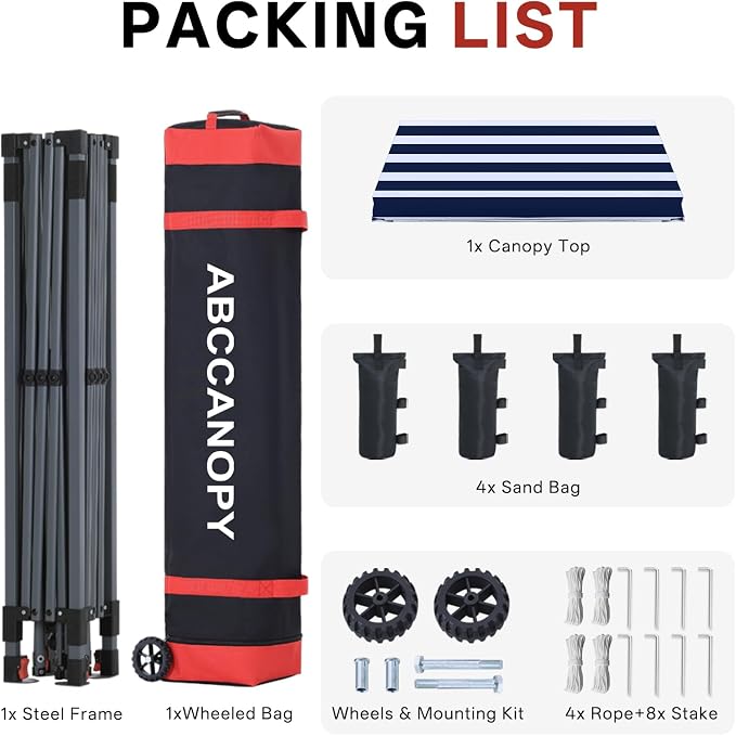 ABCCANOPY 10x10 Pop Up Canopy Tent, Easy Setup Instant Shelter with Wheeled Bag, Heavy Duty Outdoor Canopy for Beach, Market, Backyard, Outdoor Weather Protection (Navy Blue Stripes, 10x10)