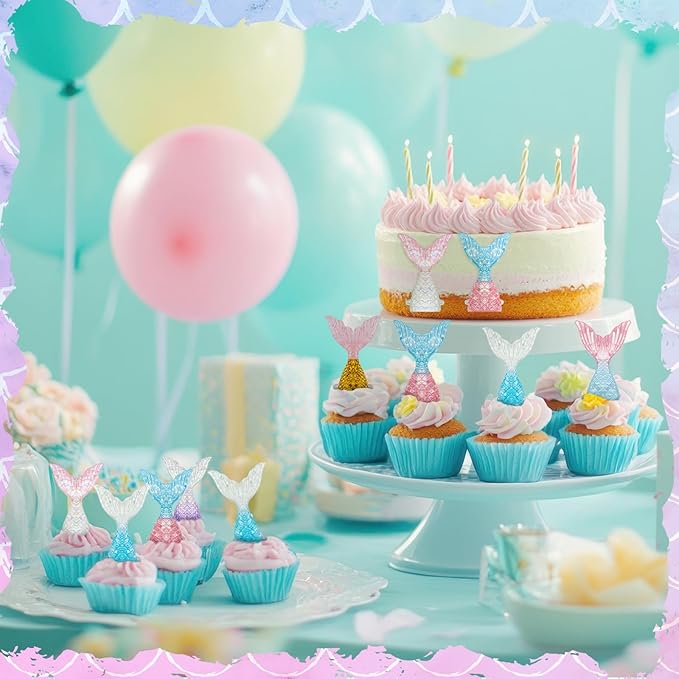 Kenning 48 Pcs Glittering Mermaid Tails Cupcake Ring Toppers Resin Cake Decoration Under the Sea Birthday Party Mermaid Birthday Cake Decor Baby Shower Princess Baby Shower Sea Party Supplies