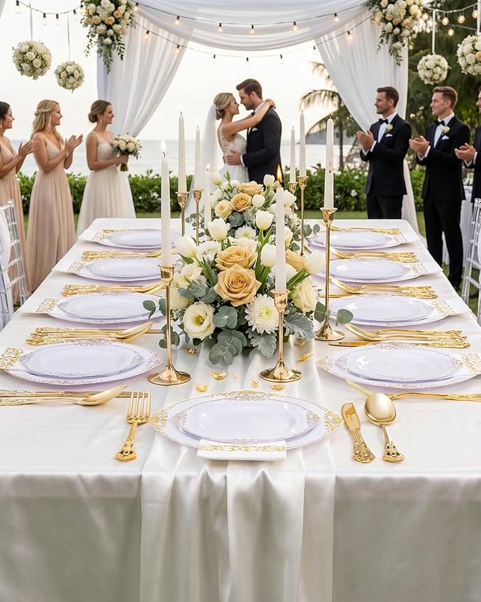 Ciaell 300PCS White and Gold Plastic Plates - Gold Disposable Dinnerware Sets for 50 Guests - 100 Plates, 50 Knives, 50 Forks, 50 Spoons, and 50 Napkins for Wedding, Anniversary, Party