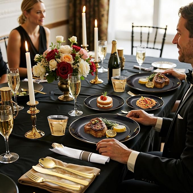 KIRE 175Pcs Black Plates Disposable - Heavy Duty Black and Gold Plastic Plates- 25 for Dinner 25 for Dessert 25 Pre Rolled Gold Silverware and 25 Cups for Graduation/Birthday Party/Wedding