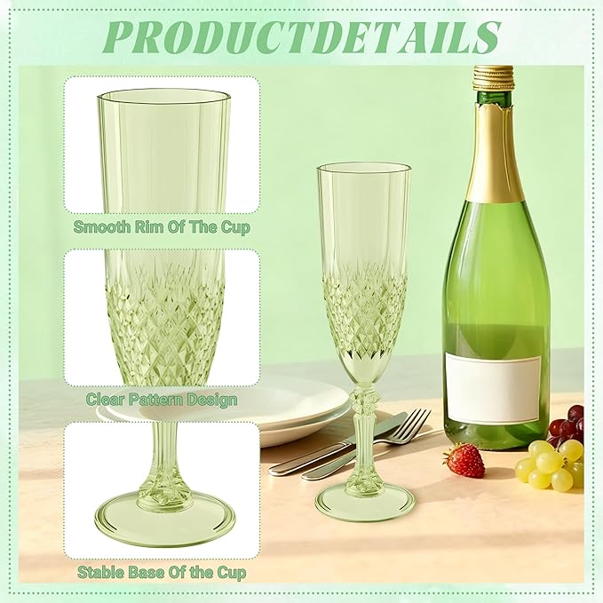 Plastic Champagne Flutes, Champagne Glasses Bulk, Reusable Unbreakable Acrylic Wine Glasses Goblets for Weddings Bachelor Parties Toasting Bridal Shower (24, Green)