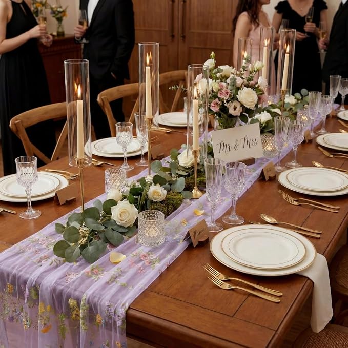 Purple Floral Table Runner 10ft Embroidery Tulle Spring Wildflower Gauze Table Runner Seasonal Summer Butterfly Kitchen Dining Decoration for Wedding Baby Shower Birthday Party (6 Pcs)