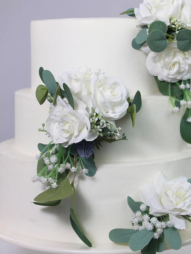 Rinlong 3Pcs Pre-made Cake Flowers White Green Cake Decorations Wedding Cake Decorating Flowers Decor Birthday Baptism Party Artificial Flowers Cake Toppers