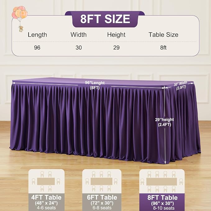 6 Packs Purple Polyester Tablecloths Rectangle Tables 8ft, Stretch Fitted Table Covers for 8 Foot Tables Wrinkle Free Rectangle Table Cloth with Skirt for Birthday Party Events Banquet Baby Shower
