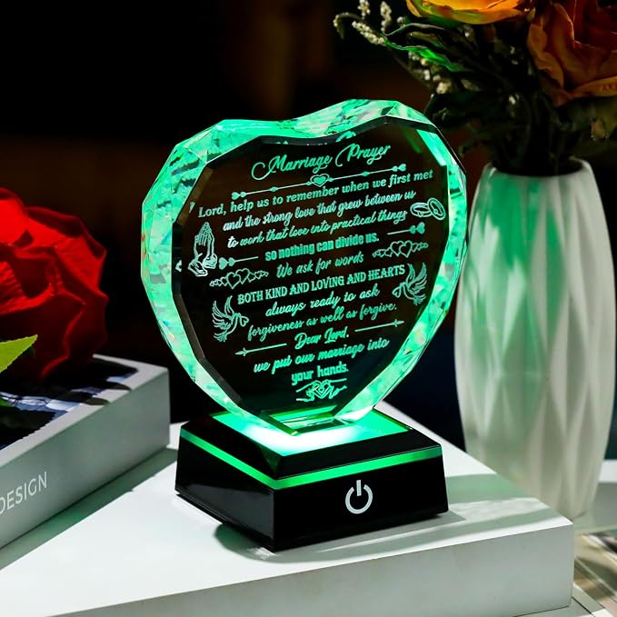 Arikyrist Crystal Wedding Gifts for Couples 2026 Heart-shaped Marriage Prayer Plaque with LED Base Anniversary Wedding Gifts for Newlyweds Valentine's Day Wedding Engagement Presents