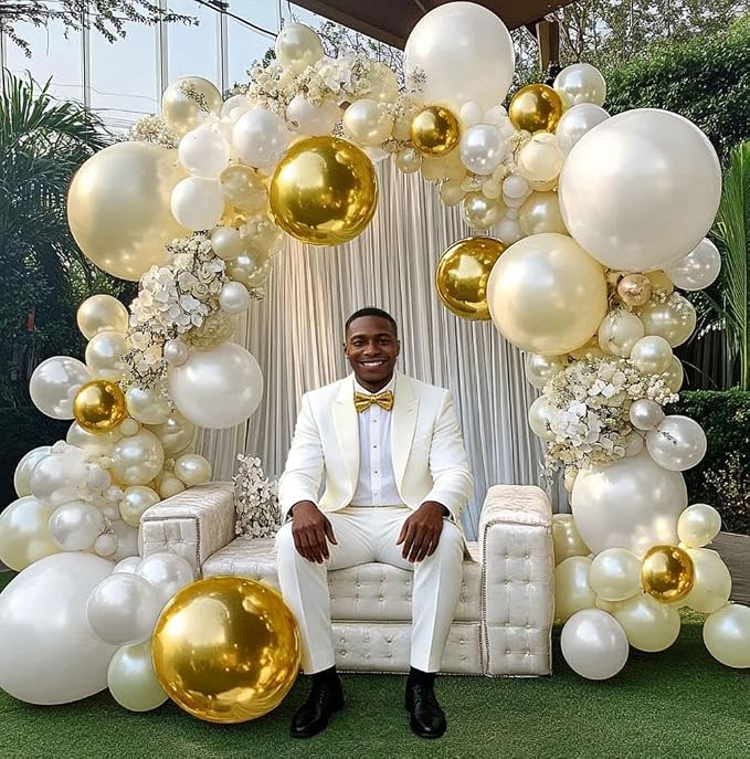 White and Gold Balloon Garland - Double Stuffed Pearl Sand White Gold Balloons Arch Kit 5 12 18 inch for Birthday Graduation Bar Mitzvah Bachelorette Wedding Baby Shower Party Decorations