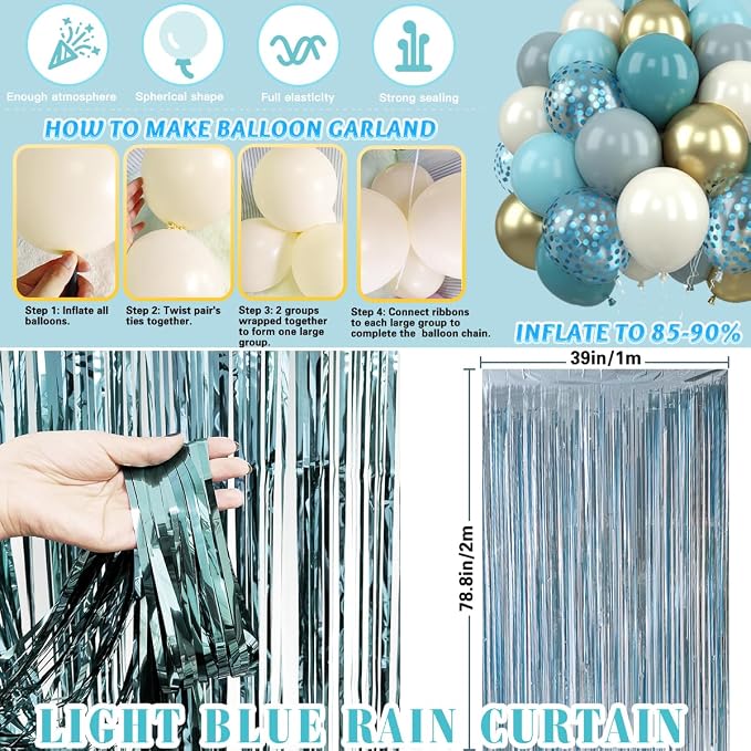 Blue Birthday Decorations Set, Blue Party Decoration Balloons with HAPPY BIRTHDAY Banner, Pom Poms, Fringe Curtain Background, Birthday Crown, Shoulder Strap for Boho Partys Girls Women Party Supplies