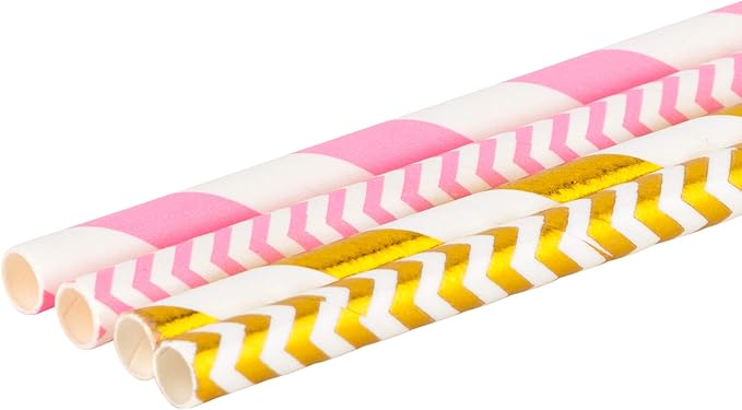 Paper Straws 200 Pack Biodegradable Gold and Pink Striped Design 8.25" Straw for Everyday/Birthday Party/Baby Shower/Wedding/Anniversary and Parties, Long Lasting by DuraHome(200 Pack, Gold & Pink)