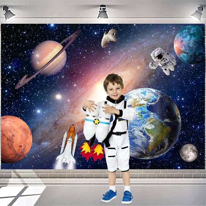 Outer Space Backdrop for Baby Kids,Astronauts Rockets Spaceship Universe Planets Background,Perfect for Children's Galaxy Themed Birthday Party Decorations Photo Banner (7X5 FT)