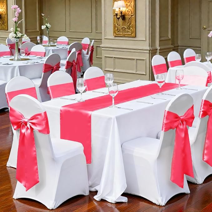 MDS Satin Chair Sashes, 200 Pack, 7”x108” Each, Decorative Chair Bows Ribbon Tie Backs for Wedding Party, Holiday Dinner, Birthday, Reception, Banquet, Hotel & Event Decoration - Coral