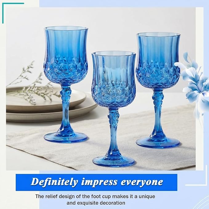 Pinkunn 50 Pcs 7 oz Plastic Vintage Wine Glasses Reusable Colored Goblets Patterned Drinking Water Glasses Cup Dishwasher Safe for Mother's Day Wedding Reception Party Supplies (Dark Blue)